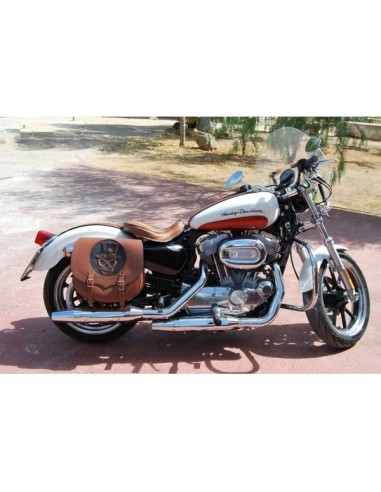 ALFORJA PIEL SPARTA SKULL HAT MARRÓN CUERO HCO AMORT DCHA DYNA H.D