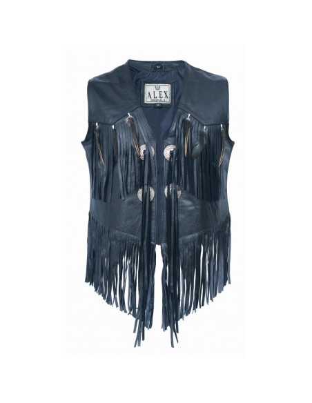 CHALECO PIEL CHICA CON FLECOS Y PLUMAS